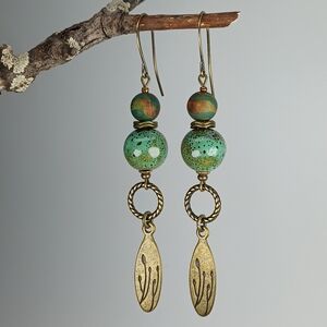 HAND CRAFTED Boho Green Ceramic Agate Brass Leaf Artisan Nature Dangle Earrings